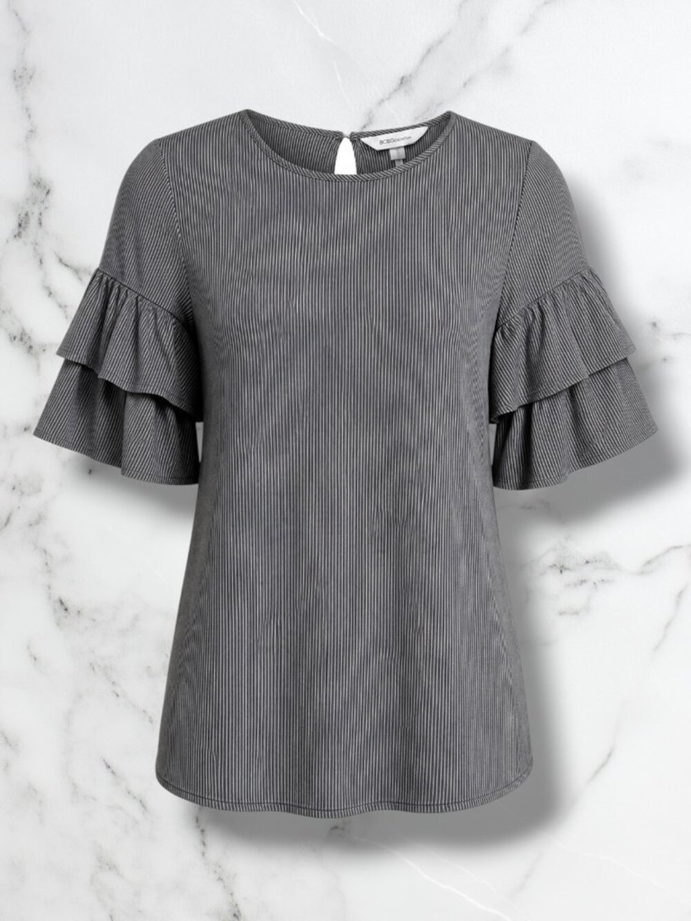 BCBGeneration Grey White Striped Flutter Ruffle Sleeve‎ Summer Dress S